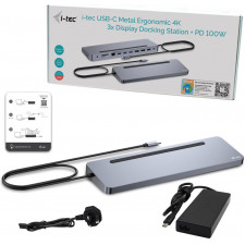 i-tec C31FLAT2PDPRO100W base & duplicador de portas Com fios USB 3.2 Gen 1 (3.1 Gen 1) Type-C Prateado