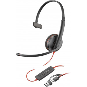 POLY Headset Monaural Blackwire 3210 com USB-C + Adaptador USB-C A