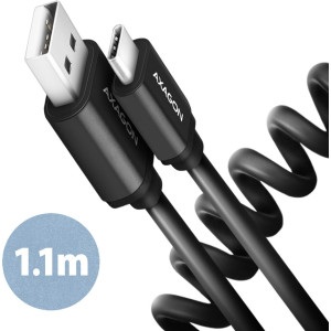 Axagon Data and charging USB 2.0 cable length 1.1 m. 3A. Black twisted. cabo USB 1,1 m USB A USB C Preto