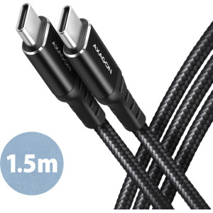 Axagon Data and charging USB 2.0 cable 1.5 m long. PD 60W, 3A. Black braided. cabo USB 1,5 m USB C Preto