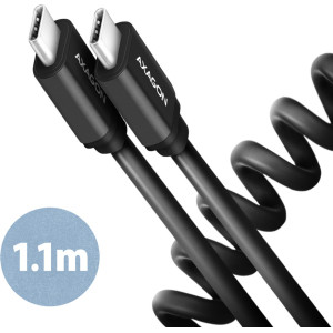 Axagon Data and charging USB 2.0 cable 1.1 m long. PD 60W, 3A. Black twisted. cabo USB 1,1 m USB C Preto